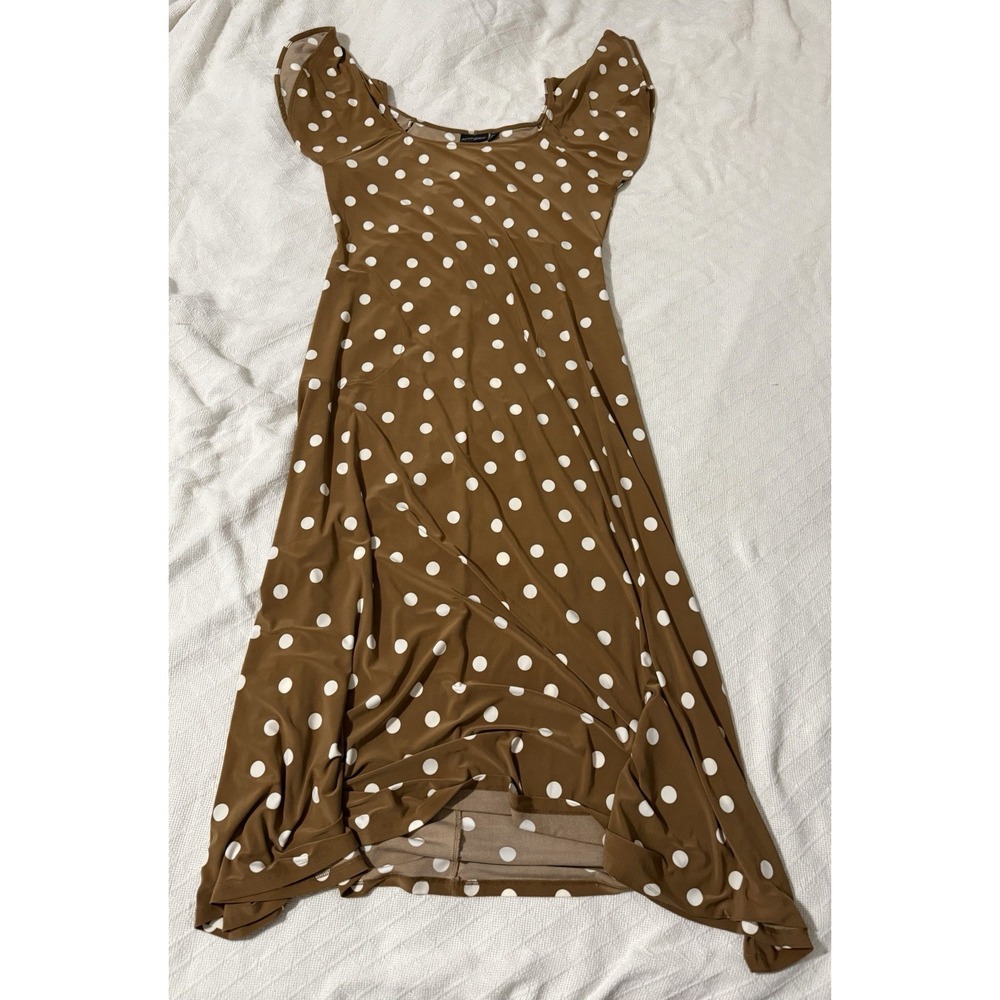 Attitudes by Renee Polka Dot Maxi Dress Tan White Flutter Sleeve Size Large